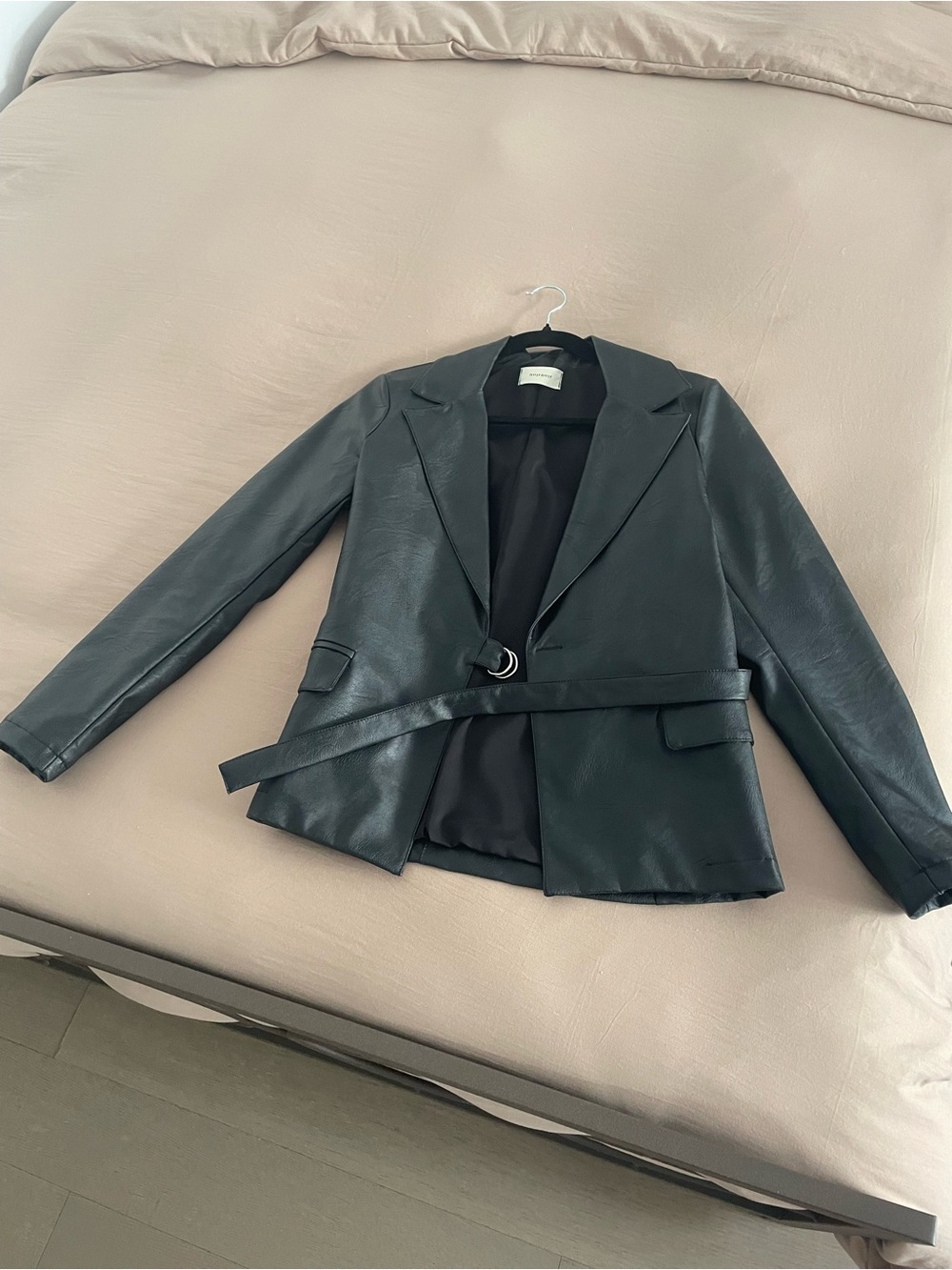 Faux Leather Black Belted Blazer Jacket
